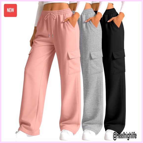 Wide Leg Cargo Sweatpants 4 Pocket Joggers Polyester Cotton Blend